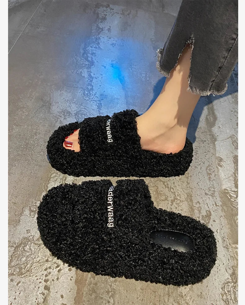 Thick Soled Plush Slippers for Autumn and Winter Versatile and Cute Fashionable and Small Waist Cotton Slippers for Home Use