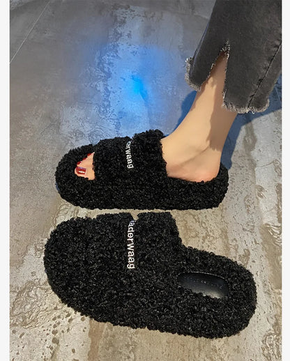 Thick Soled Plush Slippers for Autumn and Winter Versatile and Cute Fashionable and Small Waist Cotton Slippers for Home Use