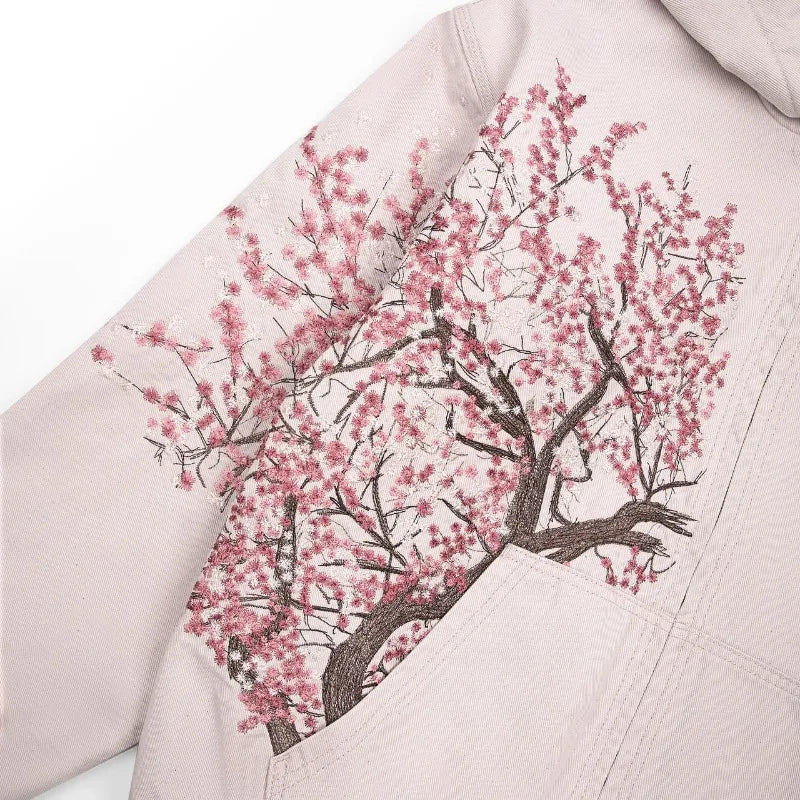Y2K Two Piece Cherry Blossom Selvedge Embroidery oversized Hoodie Sweatshirt denim fabric American Hip hop Streetwear Pants Set