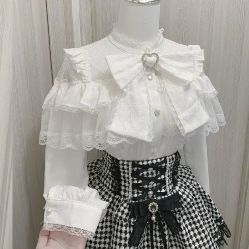 Japanese Kawaii Lolita Lace Patchwork Blouses Summer Women Harajuku Single Breasted Sweet Shirts Cute Girly JK Bow Tops Blusas