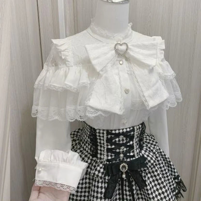 Japanese Kawaii Lolita Lace Patchwork Blouses Summer Women Harajuku Single Breasted Sweet Shirts Cute Girly JK Bow Tops Blusas