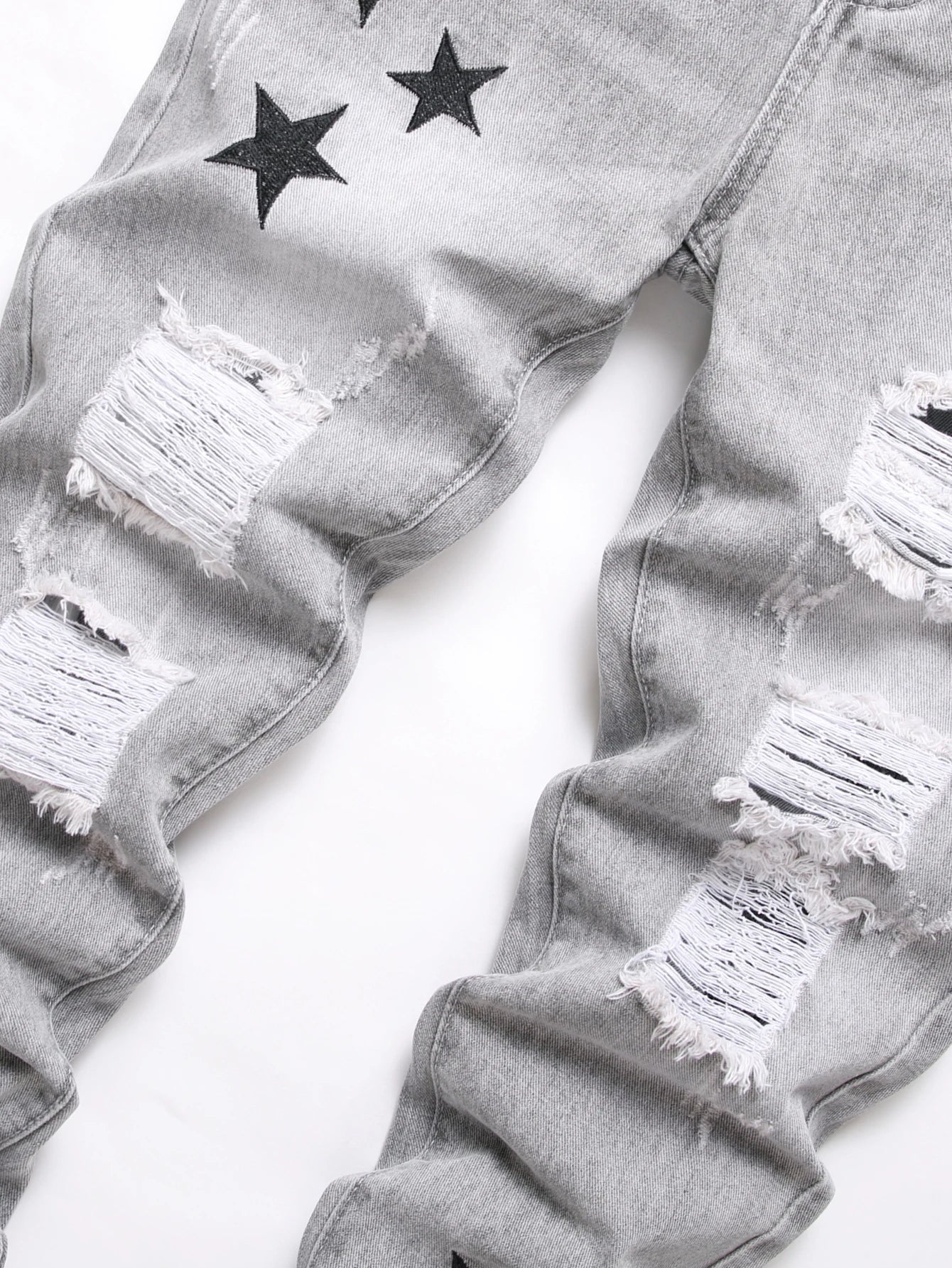 Y2K Men's Jeans - Fashionable Gray Mid-Rise Straight-Leg, Ripped Embroidered Vintage Washed Street Denim