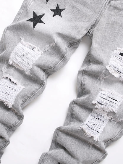 Y2K Men's Jeans - Fashionable Gray Mid-Rise Straight-Leg, Ripped Embroidered Vintage Washed Street Denim