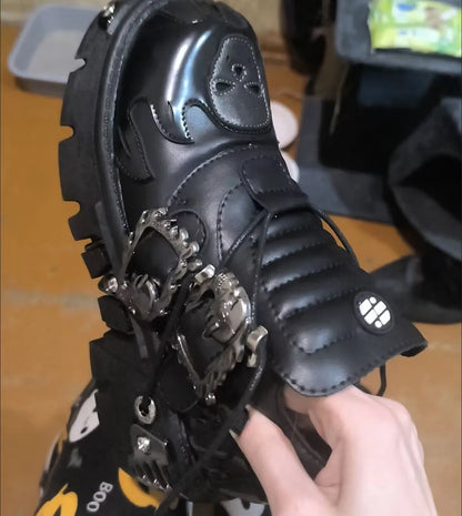 Cowhide Rock Flame Trend Carving Dark Punk Small Leather Skull Design Low-top Gothic Thick-soled Single Shoes