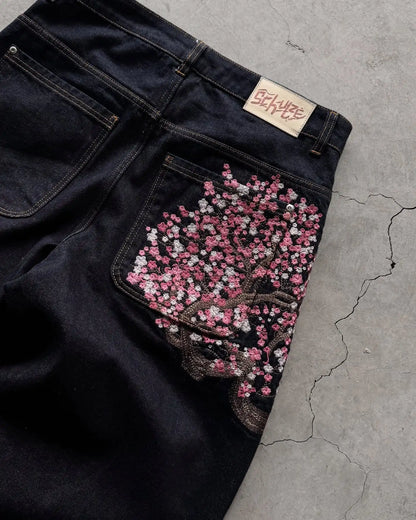 Y2k Vintage Baggy Fallen Knight Cherry Blossom Embroidery Jeans Men Women Fashion Straight Wide-leg Denim Pants Streetwear Jean