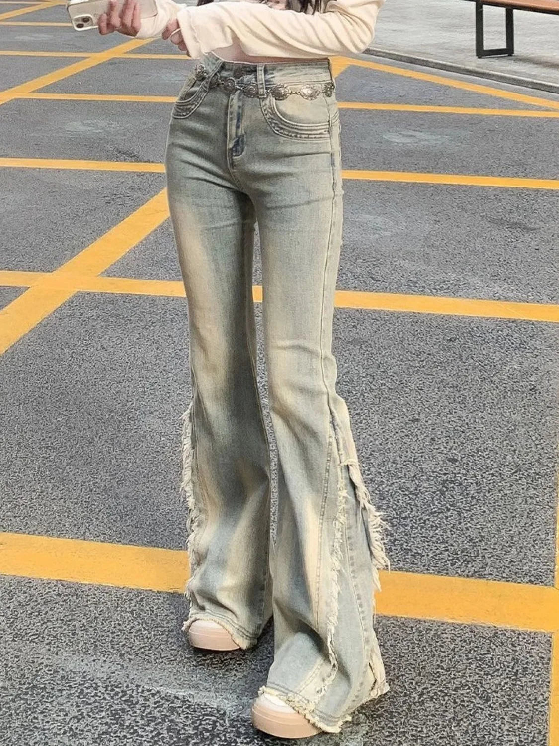 Women Vintage Blue Jeans High Waist American Retro 90s Raw Material Edge Design Y2k Denim Pants Streetwear Wide Leg Jeans
