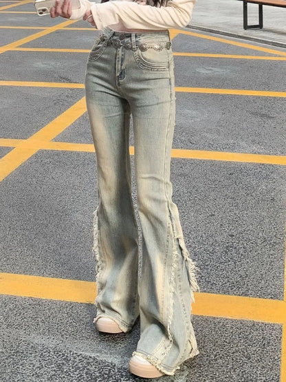 Women Vintage Blue Jeans High Waist American Retro 90s Raw Material Edge Design Y2k Denim Pants Streetwear Wide Leg Jeans