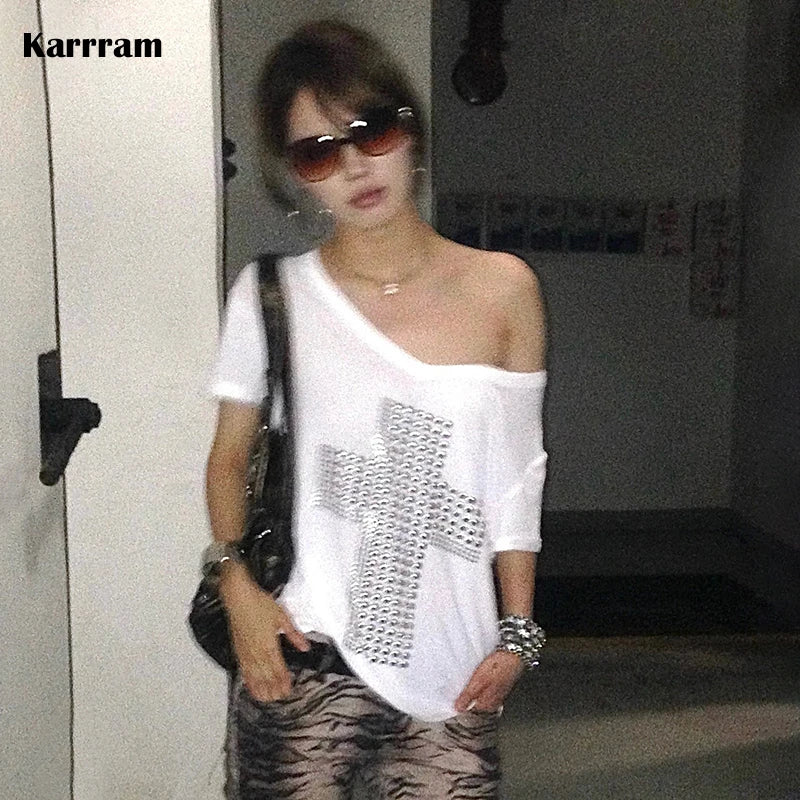 Karrram Japanese Y2k Metal Cross Print T-shirt Trashy 2000s V-neck Sheer Tops Vintage Harajuku Short Sleeve Streetwear Grunge