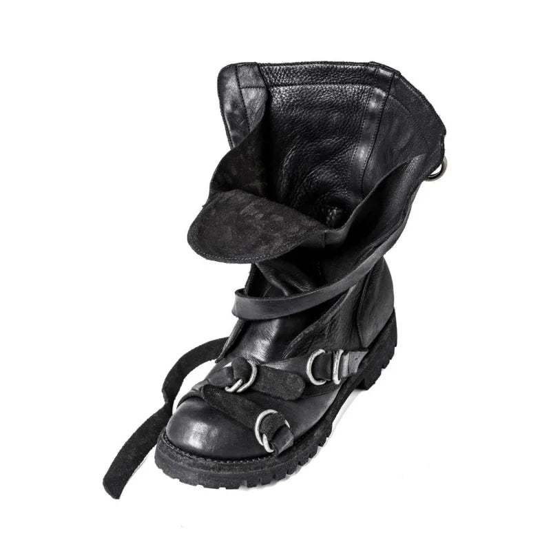 Yamamoto Style Dark Retro Vintage Motorcycle Boots Men's Real Leather Strap Boots Short Tube Belt Buckle Wasteland Fashion Shoes