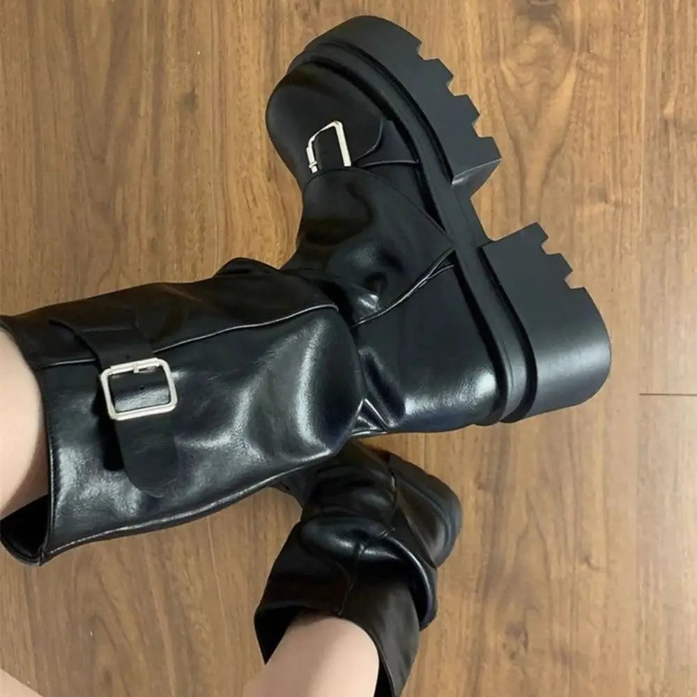 New Design Women Biker Boots Platform Belt Buckle Women's Knee High Booties Harajuku Gladiator Y2K Punk Mid Pipe Booties Girls