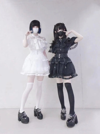 Japanese Kawaii Lolita Lace Patchwork Blouses Summer Women Harajuku Single Breasted Sweet Shirts Cute Girly JK Bow Tops Blusas