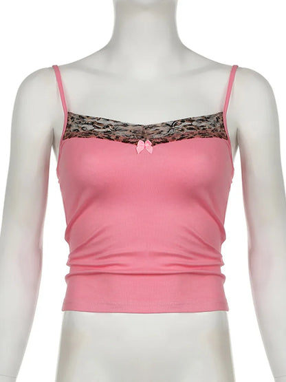 Vintage Leopard Print Stitched Crop Top Women Casual Sleeveless Cute Bow Patchwork Strap Tees y2k Summer Crop Tops Ladies