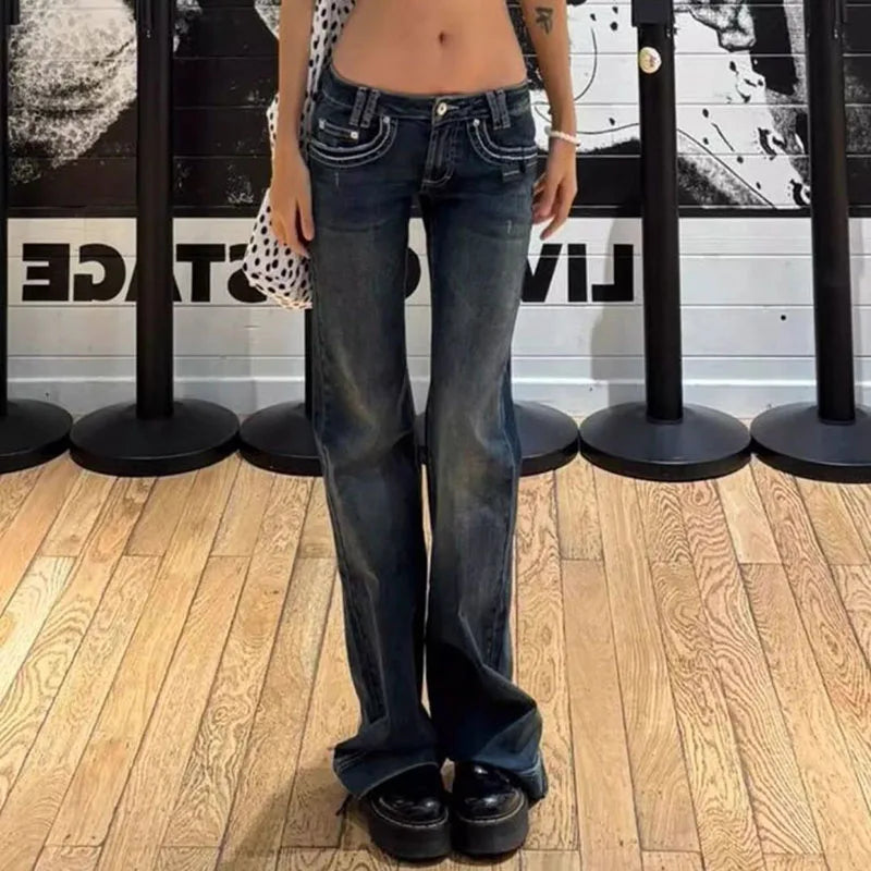 Women's Vintage High Street Low-Waisted Jeans 2025 New All-Match Wide Leg Y2K Denim Trousers Female Sexy Slim Fit Flares Pants