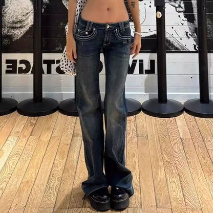 Women's Vintage High Street Low-Waisted Jeans 2025 New All-Match Wide Leg Y2K Denim Trousers Female Sexy Slim Fit Flares Pants
