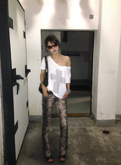 Karrram Japanese Y2k Metal Cross Print T-shirt Trashy 2000s V-neck Sheer Tops Vintage Harajuku Short Sleeve Streetwear Grunge