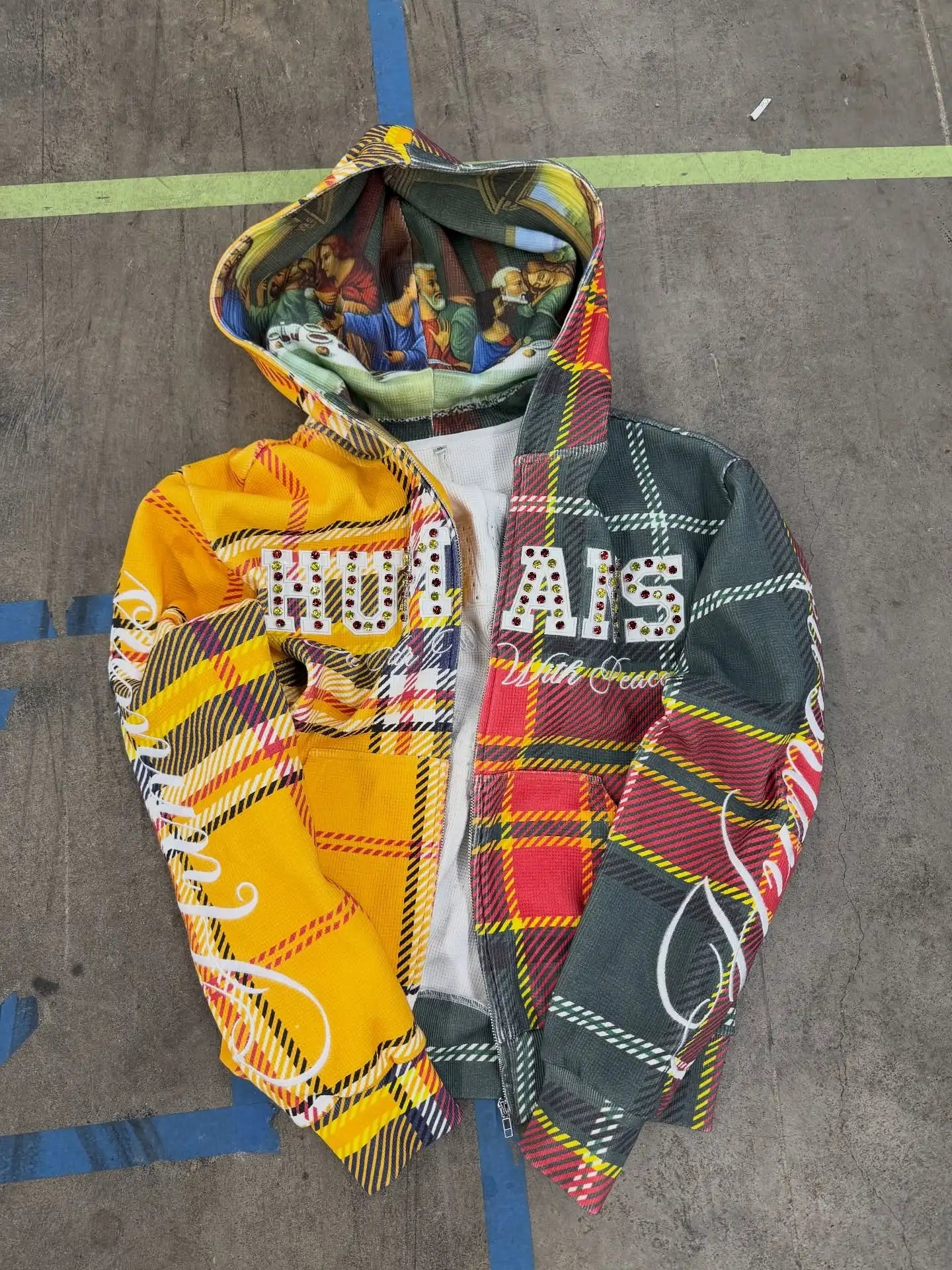 New Contrasting Color Splicing Plaid Hoodie Sportswear Harajuku Embroidery Hot Diamond Design Sweatshirt Lettering Loose Jacket