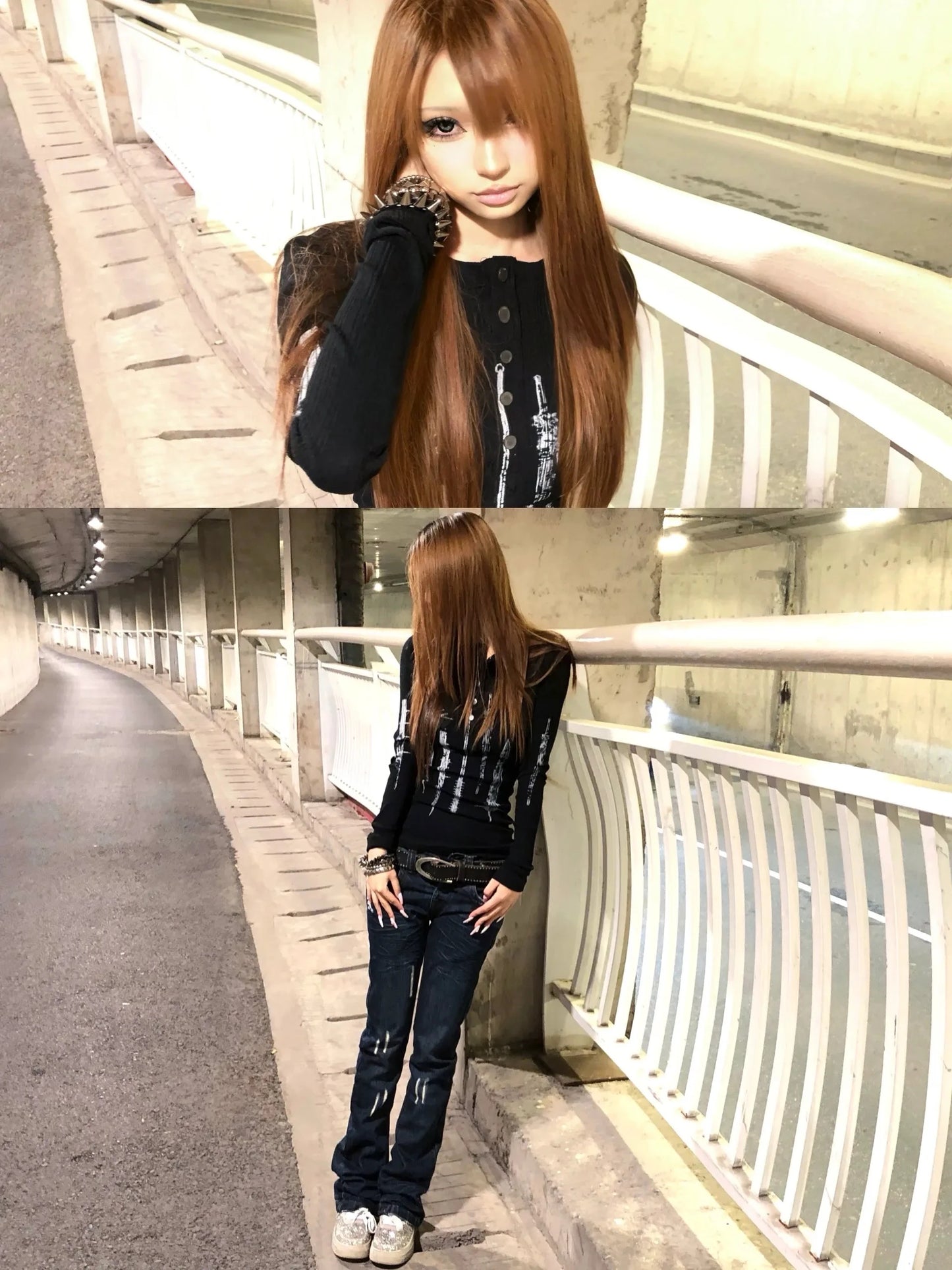 Karrcat Grunge Aesthetics Tattoo Print Knitted Tops Trashy Y2k Long Sleeve Knit T-shirt Vintage Gothic Button Top American Retro
