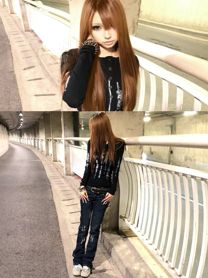Karrcat Grunge Aesthetics Tattoo Print Knitted Tops Trashy Y2k Long Sleeve Knit T-shirt Vintage Gothic Button Top American Retro