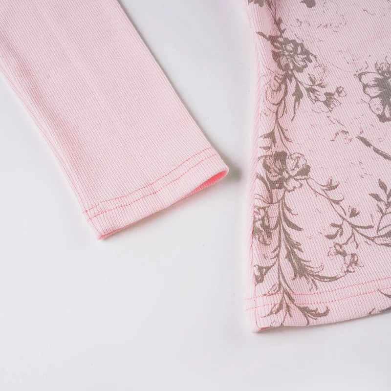 Pink Floral Print Women Fairy Y2K T-shirt Coquette V Neck Long Sleeve Tees Autumn Spring Casual Pullovers Tops Vintage Clothes