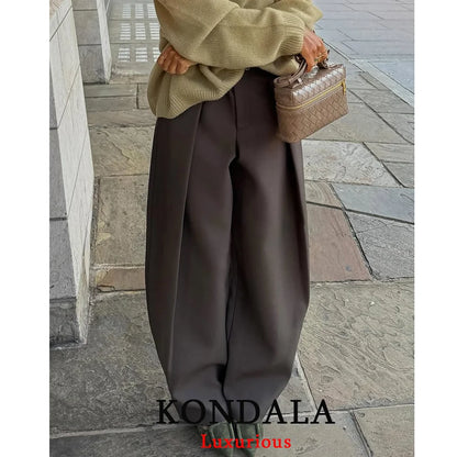 KONDALA Casual Chic Wide Leg Pants Women Office Lady Pockets Pleated Long Trousers Fashion 2026 Spring Summer Streetwear Pants