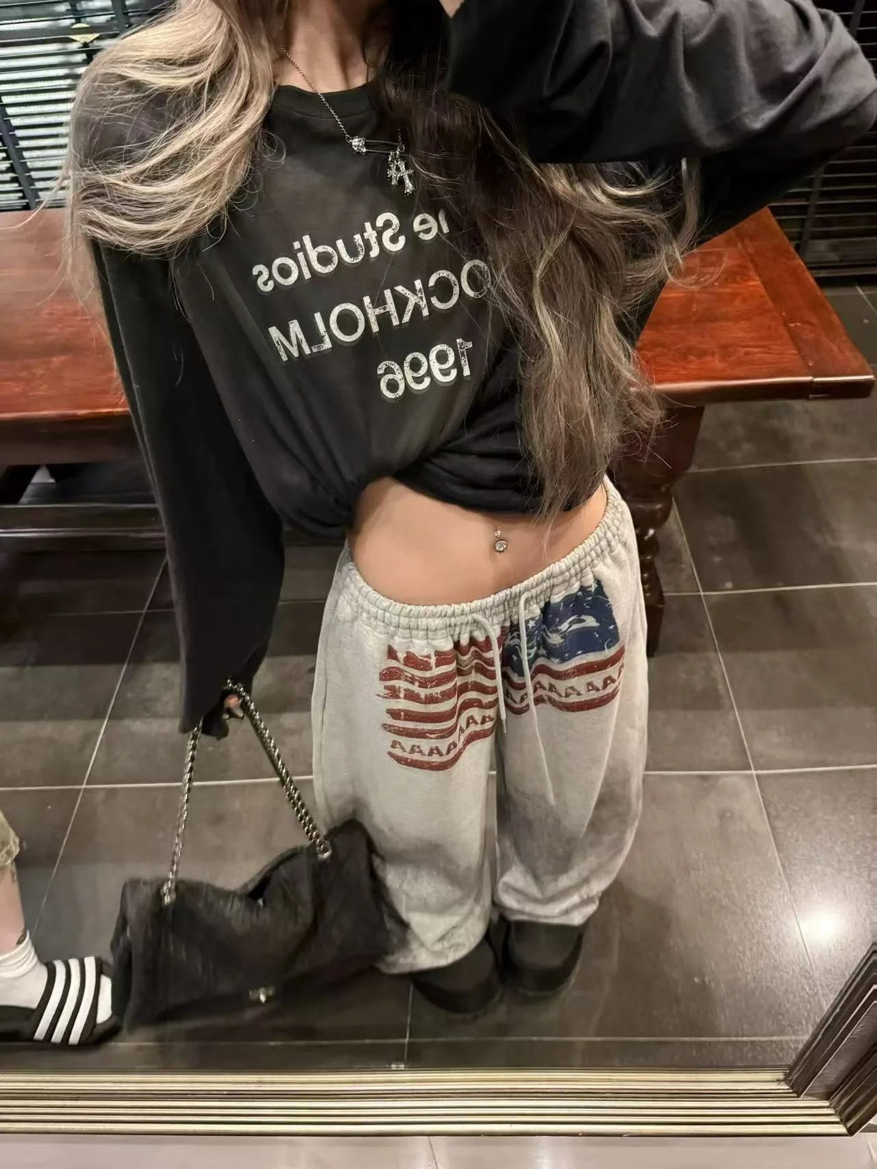 Y2K College American Hip-hop Goth Print Drawstring Wide Leg Sweatpants Loose 90s High Street Sports Trousers Floor Length Pants