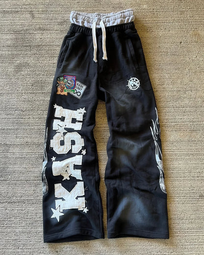 American Y2K Pants Baggy Sweatpants Letter Patch Retro Double Layer Design Men Hip Hop Gothic Elastic Waist Jogging Casual Pants