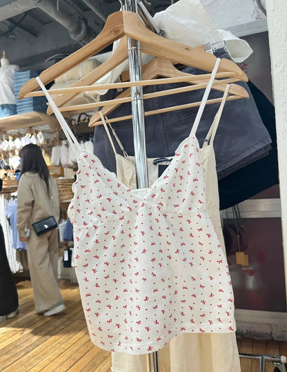 Floral Print Bow V Neck Camis Women Chic Lace Trim Sleeveless Slim Crop Tops Vest Sweet Casual Fashion Raw Hem Tank Top Y2k New
