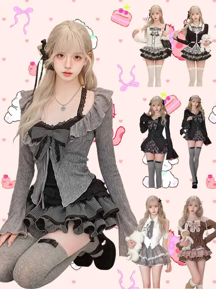 Vintage 3 Piece Skirt Suit Women Kawaii Ruffles Cardigan Outwear Bodycon Vest Blouse + Slim Y2k Skirts Evening Party Lolita Sets