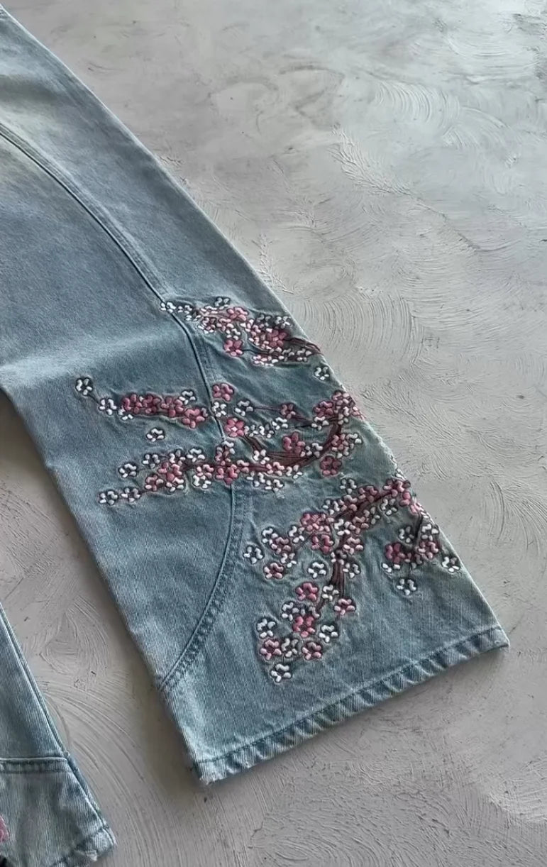 Y2k Vintage Baggy Fallen Knight Cherry Blossom Embroidery Jeans Men Women Fashion Straight Wide-leg Denim Pants Streetwear Jean