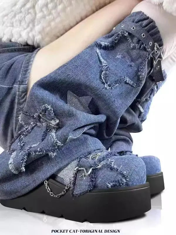 2024 New Y2K Star Print Chunky Platform Ankle Boots Women Metal Chain Blue Denim Boots Woman Cute Thick Bottom Jk Lolita Shoes