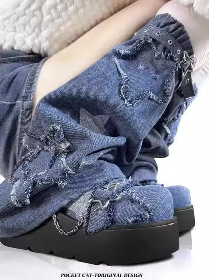 2024 New Y2K Star Print Chunky Platform Ankle Boots Women Metal Chain Blue Denim Boots Woman Cute Thick Bottom Jk Lolita Shoes
