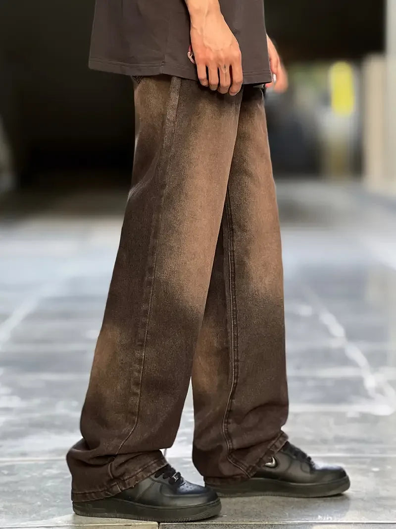 Oversized Distressed Brown Denim Jeans for Men - Y2K Retro Street Style Trousers