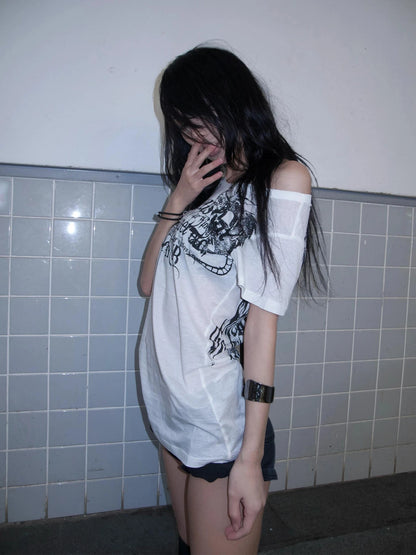 Karrram Japanese Y2k Letter Print T-shirt Trashy 2000s Style Tattoo T Shirt Vintage Harajuku Short Sleeve Sheer Tops Grunge Goth
