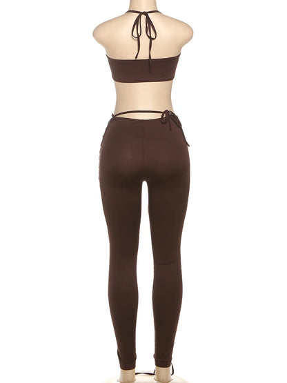 Weird Puss Sexy 2piece Set Women Hipster Halter Camisole+Shirring Hollow Pants Midnight Matching Stretch Clubwear Skinny Outfits