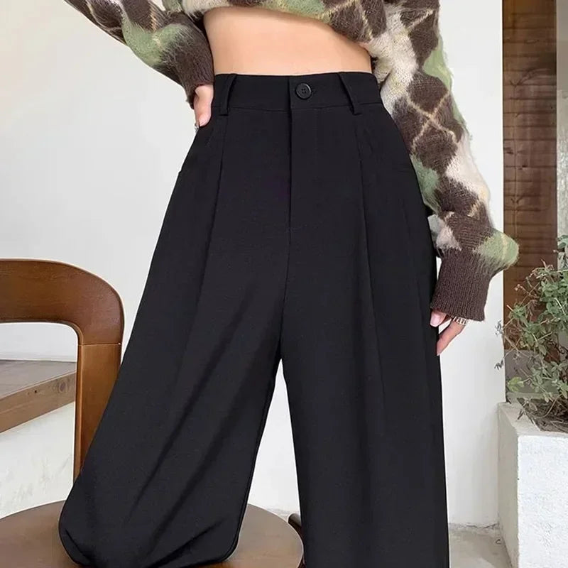 Women Fashion Suit Pants Lady Breathable Baggy High Waist Wide Leg Summer Trousers Lady Straight Leg Black Coffee Classic Pants