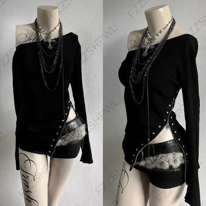 Y2K Vintage Aesthetics Women's Blouse Sexy Slim Fit Chic Button Design High-Neck Short-Sleeve T-Shirt Fashion Female Streetwear