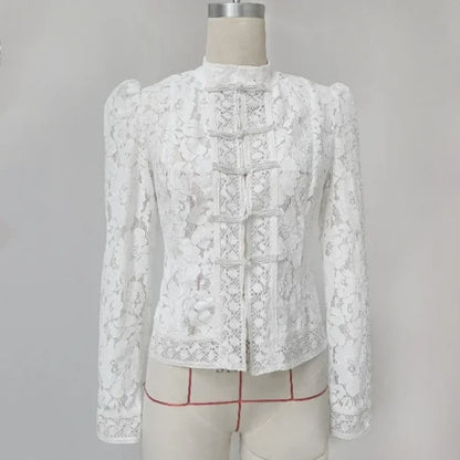 White Lace Printed Shirts Tops Women Full Sleeve Hollow Out Single Breasted Patchwork Blouse 2026 Lady Fashion Shrug Shirts New