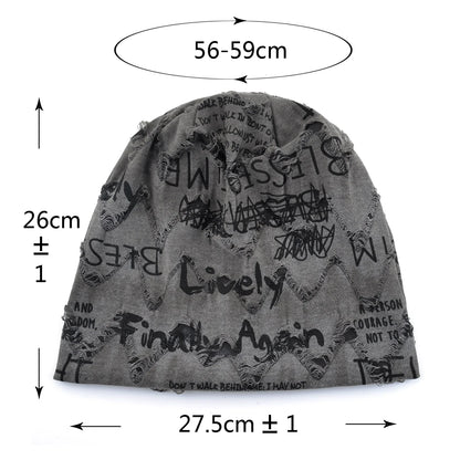 Letter Print Beanie Hats For Women Men Vintage Distressed Cracked Design Wasteland Style Spring Summer Warm Fleece-lined Winter