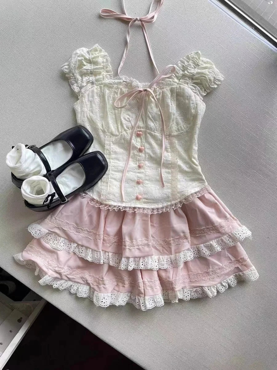 Vintage 3 Piece Skirt Suit Women Kawaii Ruffles Cardigan Outwear Bodycon Vest Blouse + Slim Y2k Skirts Evening Party Lolita Sets