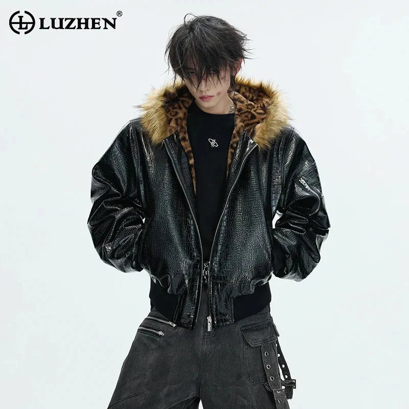 LUZHEN 2025 Winter New Original Reversible Wear Leopard Print Fur Hooded Padded Coat Men's Fashion Street Leather Parkas JY5630