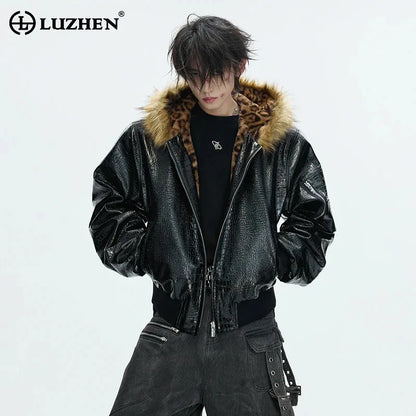 LUZHEN 2025 Winter New Original Reversible Wear Leopard Print Fur Hooded Padded Coat Men's Fashion Street Leather Parkas JY5630