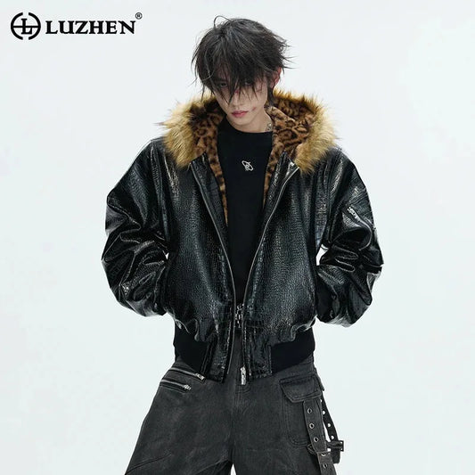 LUZHEN 2025 Winter New Original Reversible Wear Leopard Print Fur Hooded Padded Coat Men's Fashion Street Leather Parkas JY5630