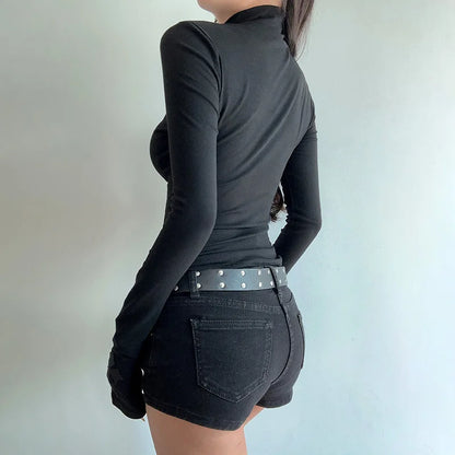 Turtleneck Top Y2k Clothes Black Gothic Cross Hollow out Slimming Bottoming shirt for Women Long Sleeve Sexy T-shirt Girls Tops