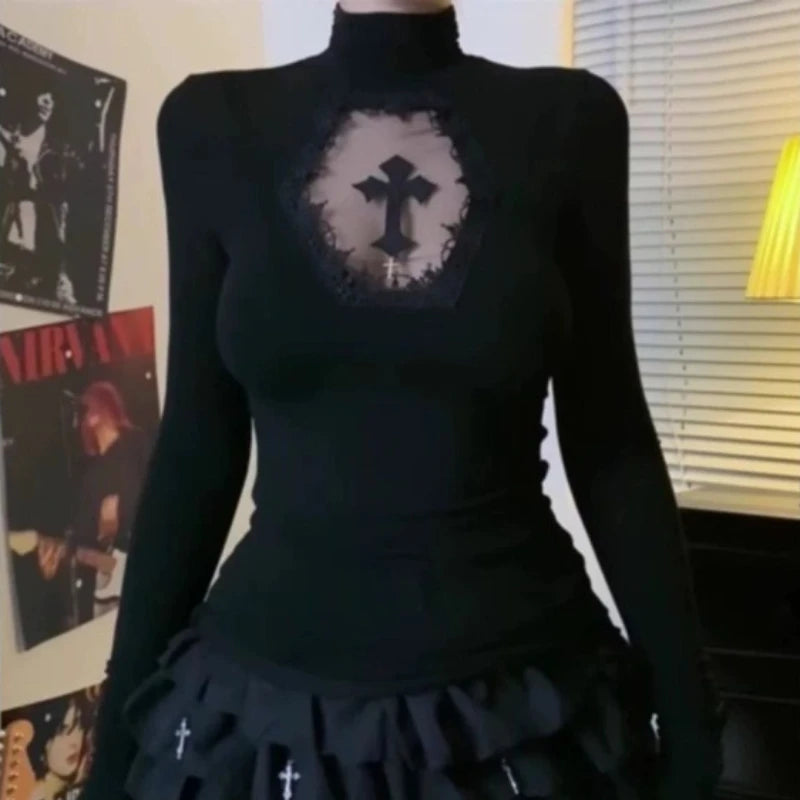 Turtleneck Top Y2k Clothes Black Gothic Cross Hollow out Slimming Bottoming shirt for Women Long Sleeve Sexy T-shirt Girls Tops