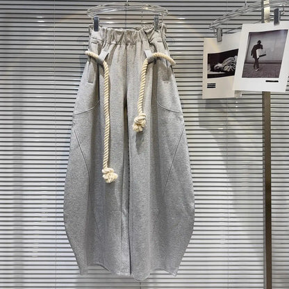 2025 New Women Personalized Woven Hemp Rope Belt Loose Wide-leg Casual Pants Bloomers