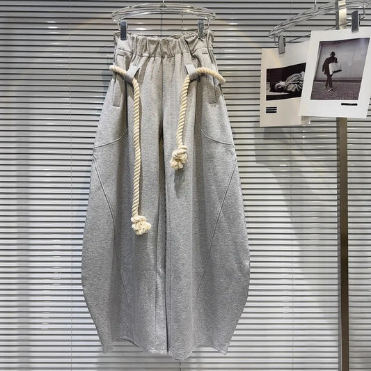 2025 New Women Personalized Woven Hemp Rope Belt Loose Wide-leg Casual Pants Bloomers