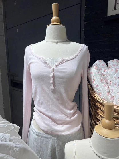 Pink Striped Slim Long Sleeve Tees Women Spring Casual Cotton O-neck Tshirt New Tops Clothes Sweet Cute  Vintage T-shirts Y2K