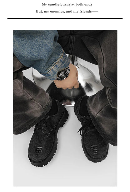 Men's Distressed Denim Derby Shoes Chunky Grunge Platform Boots Avant-Garde Bulky Toe Niche Streetwear Footwear for Trendy Youth
