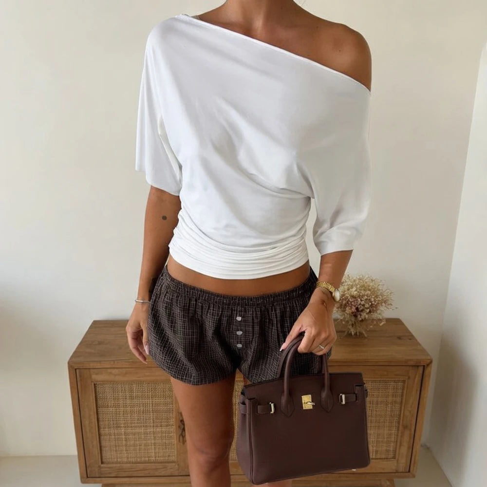 Talenza Summer One Shoulder Tops Fashion Slim Shrink Short Sleeve T-Shirts Sexy Party Y2k Streetwear Solid Pullover Tops Women