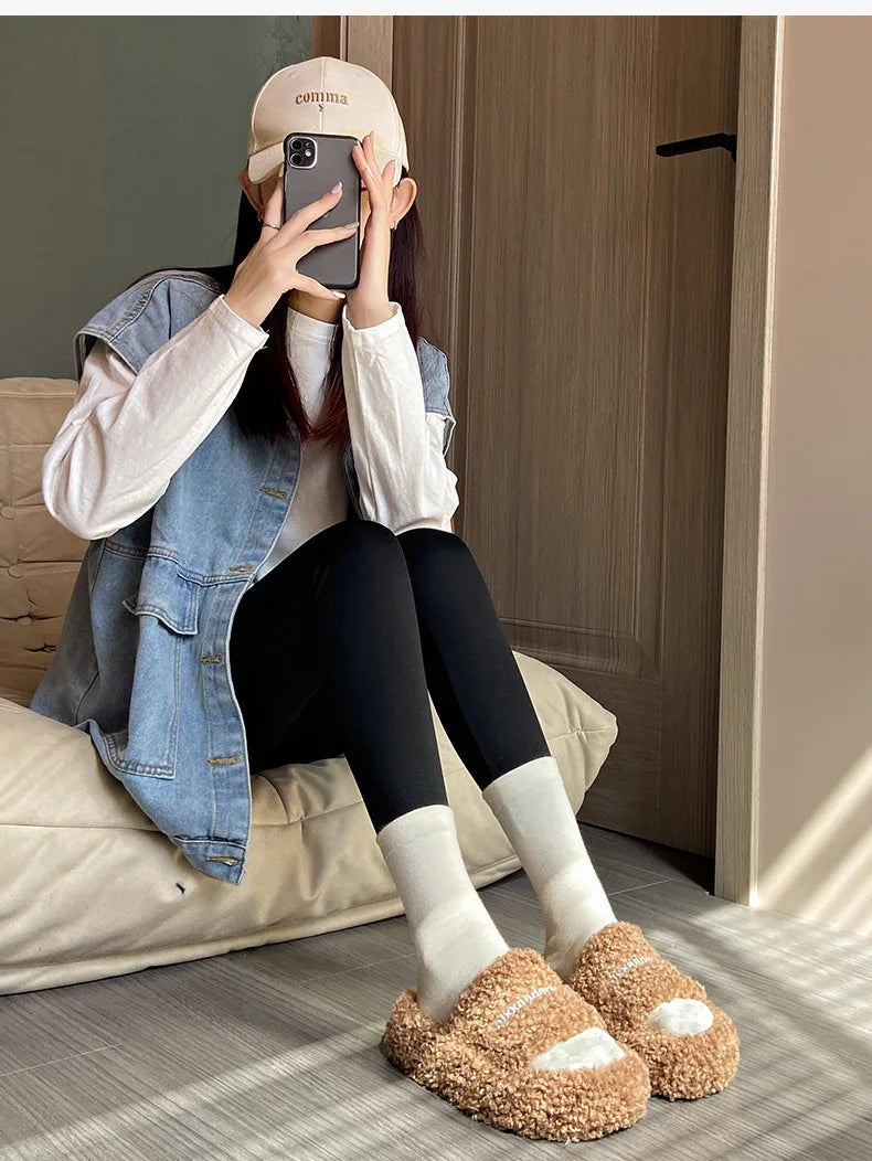 Thick Soled Plush Slippers for Autumn and Winter Versatile and Cute Fashionable and Small Waist Cotton Slippers for Home Use
